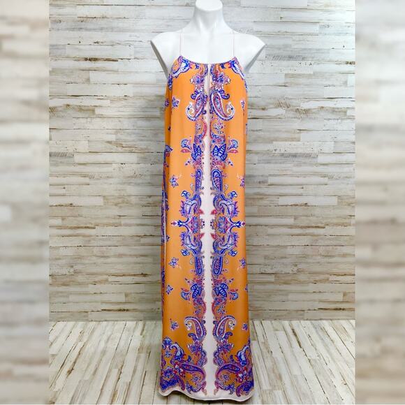 Clover Canyon Halter Scarf Maxi Dress Size S Mustard Gold Blue Sleeveless - Picture 2 of 14